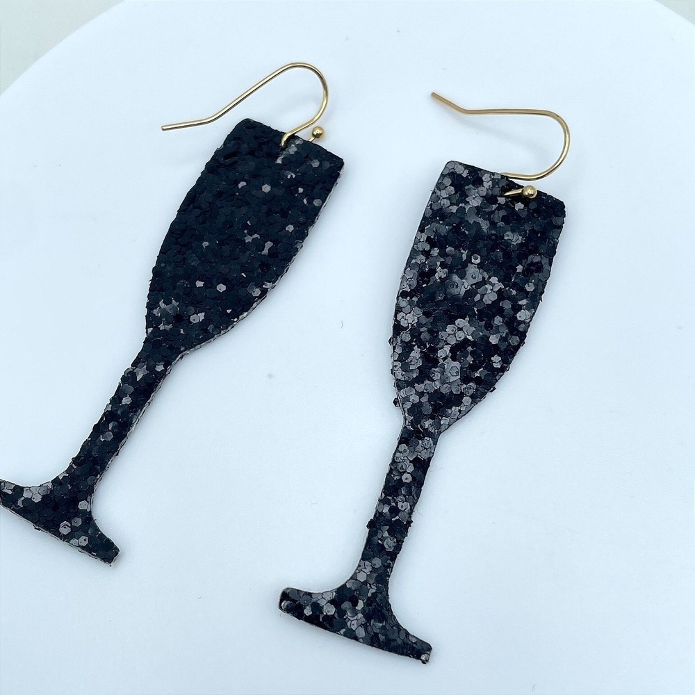 Vintage Black Glitter Champagne Flute Earrings New Years Eve Party Drink Jewelry